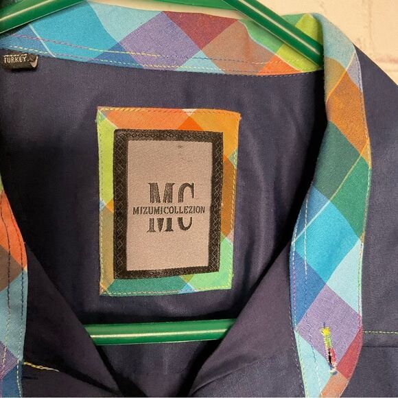 Mens MIZUMI Casual Shirt Navy Blue with Plaid Trim Classic Fit‎ Button Front XL - Picture 4 of 8